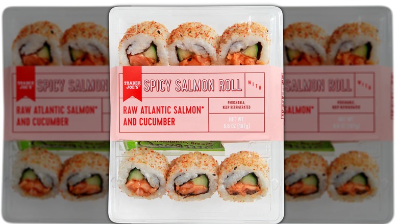 Package of spicy salmon sushi roll.