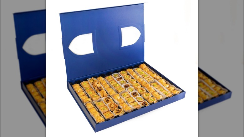 Large, shallow blue box containing assorted varieties of baklava.
