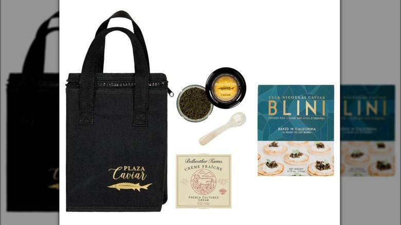 Gift set with caviar, blinis, creme fraiche, and tote bag.