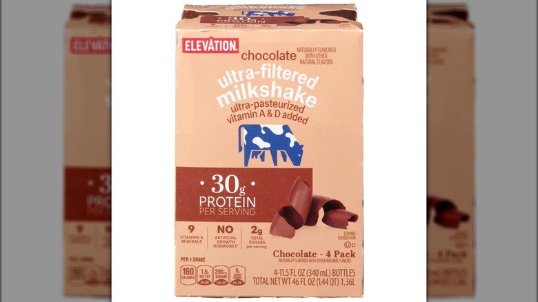 Package of four chocolate-flavored protein milkshakes.