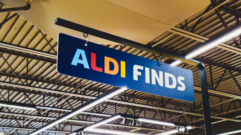 Aldi Finds signage situated near the ceiling of the store.