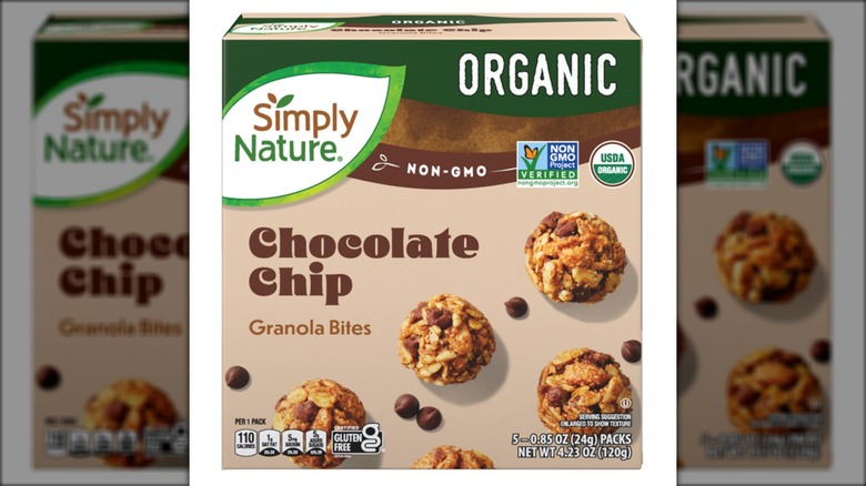 Box of bite-sized granola snacks with chocolate chips.