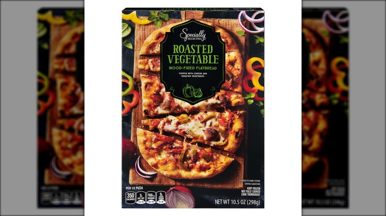 Package with a frozen vegetable flatbread.