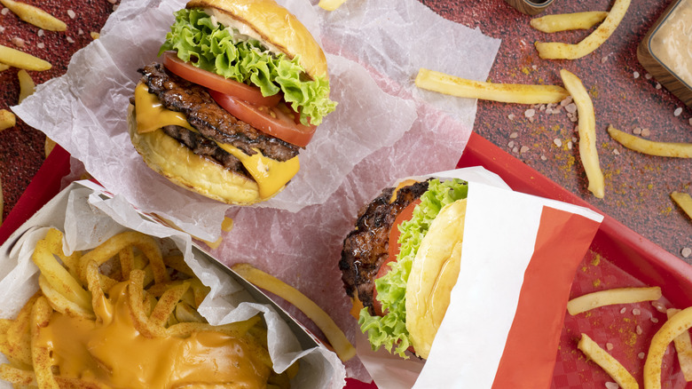 Hamburgers, one in paper sleeve and one displayed on open paper with cheesy french fries nearby.