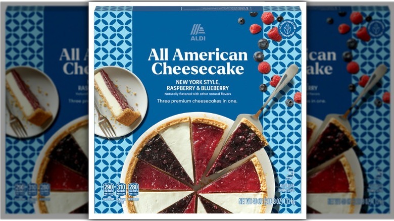 Box of Aldi All American Cheesecake against white background.