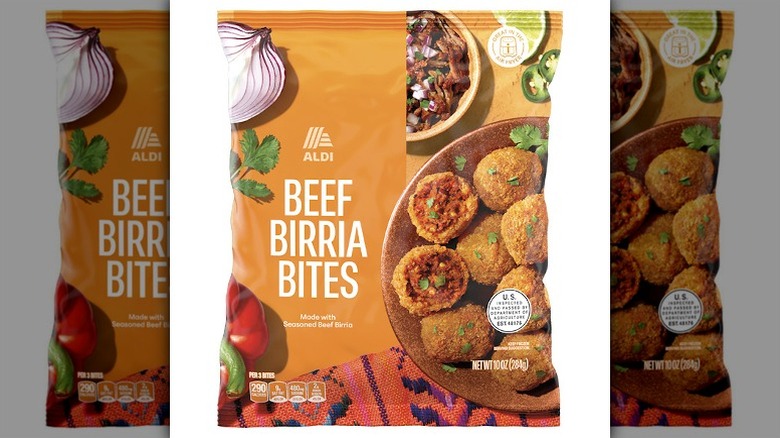 Package of Aldi Beef Birria Bites against white background.