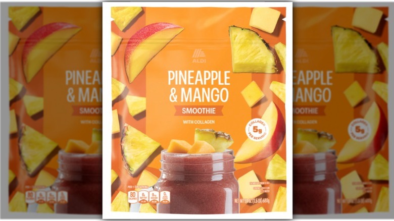 Bag of Aldi Pineapple & Mango Collagen Smoothie Blend against white background.
