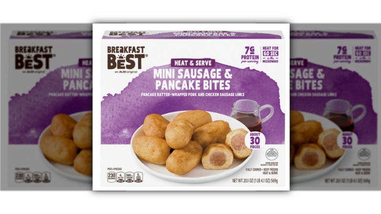 Box of Breakfast Best Mini Sausage & Pancake Bites against white background.