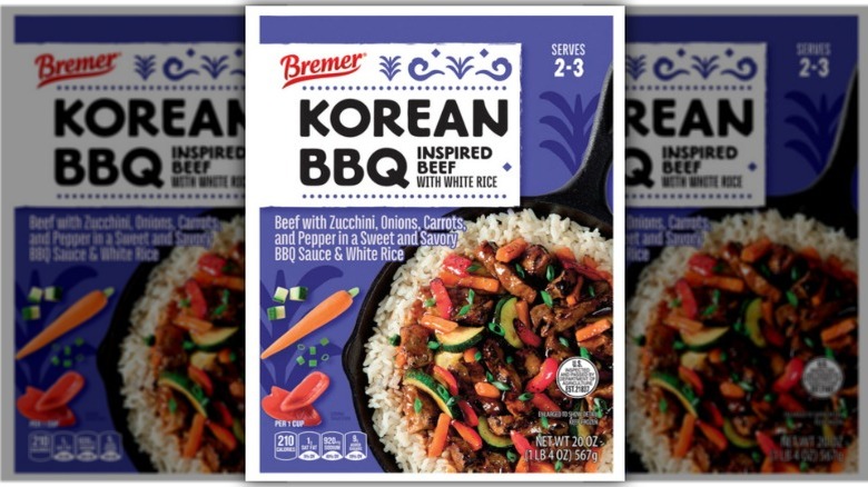 Package of Bremer Korean BBQ-Inspired Beef with White Rice against white background.