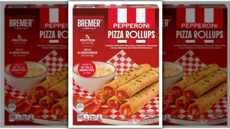 Box of Bremer Pepperoni Pizza Rollups against white background.