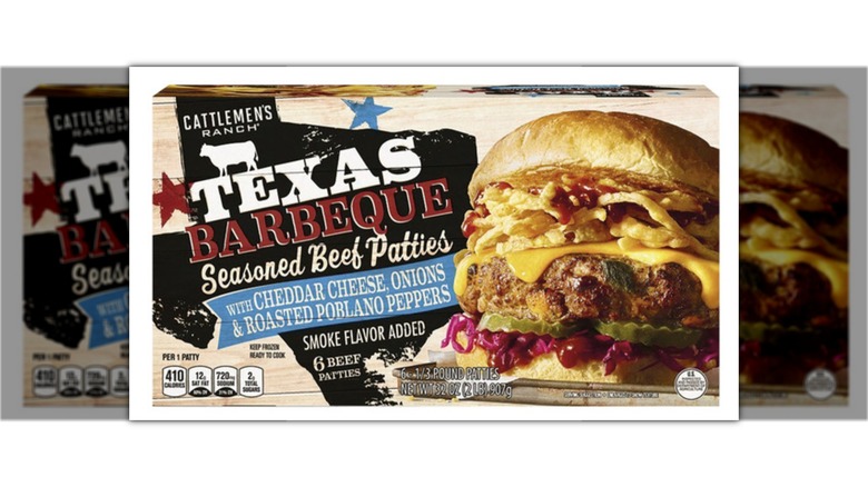 Box of Cattlemen's Ranch Texas BBQ Burger Patties against white background.
