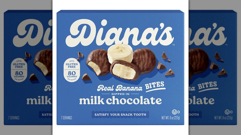 Box of Diana's Bananas Milk Chocolate Banana Bites against white background.