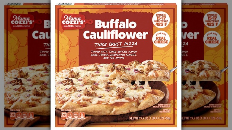 Box of Mama Cozzi's Buffalo Cauliflower Thick-Crust Pizza against white background.