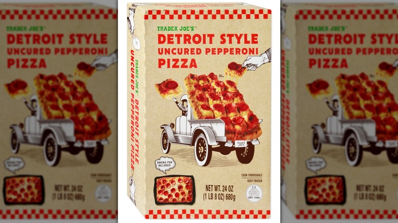 Box of frozen Trader Joe's Detroit Style Uncured Pepperoni Pizza against white background.