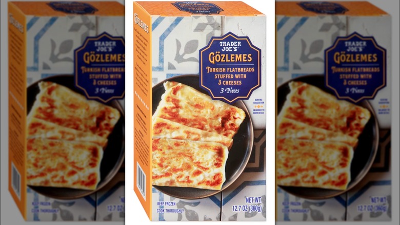 Box of frozen Trader Joe's Gözlemes Turkish flatbreads against white background.