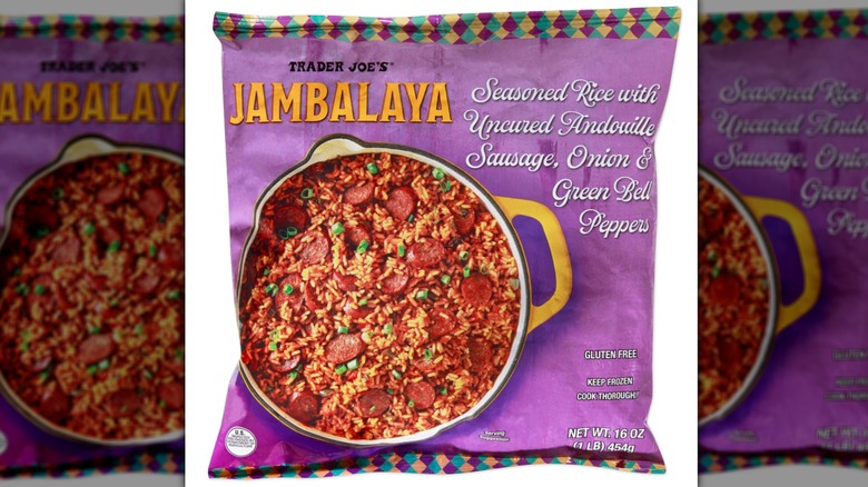 Bag of frozen Trader Joe's Jambalaya against white background.