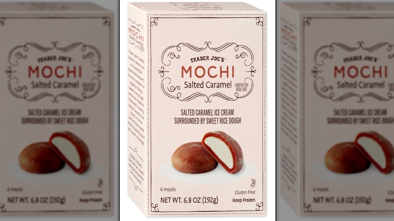 Box of frozen Salted Caramel Mochi from Trader Joe's against white background.