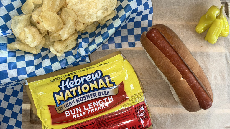 Package of Hebrew National hot dogs with potato chips
