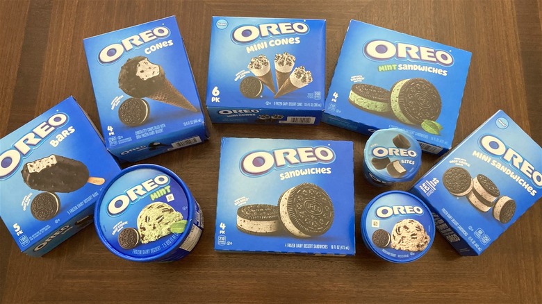 A selection of Oreo's frozen dessert products on a wooden table.