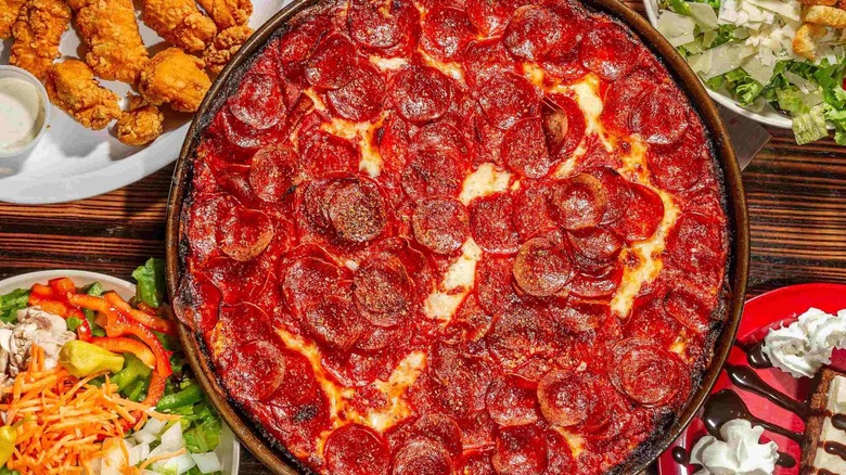 Pequod's deep dish pepperoni pizza