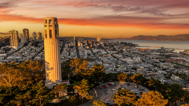 View of San Francisco and Golden Gate Bridge with Coit Tower in foreground