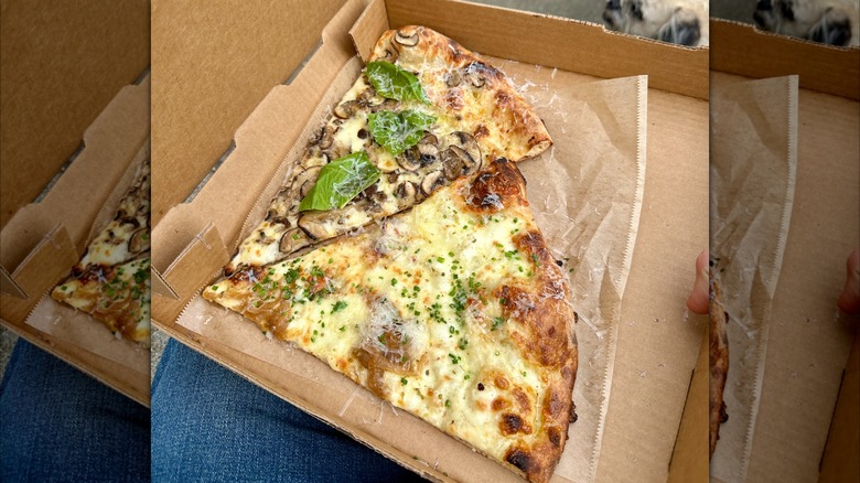 Two pizza slices in a box