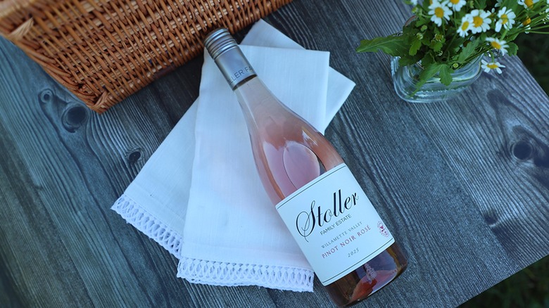 Bottle of Stoller Family Estate Willamette Valley Pinot Noir Rose lying down.