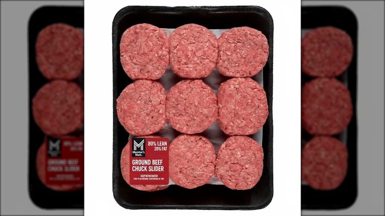 Plastic-wrapped tray of Member's Mark slider-sized beef patties.