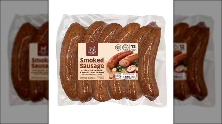 Package of 12 Member's Mark smoked sausages made with bacon, peppers, and cheese.
