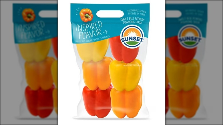 Bag of multi-colored bell peppers.