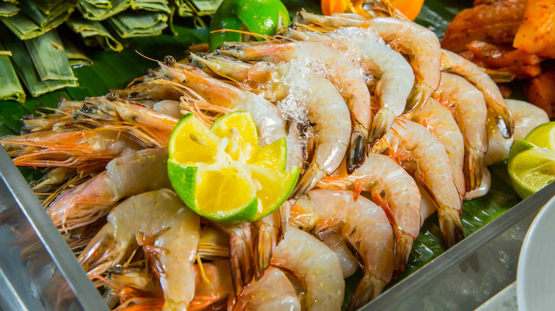 A tray of prawns at a buffet