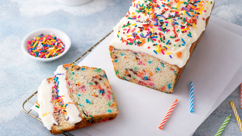 Funfetti cake on a cooling rack