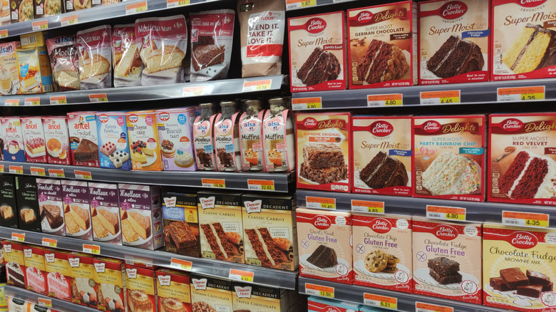 An array of boxed cake mixes at the grocery store