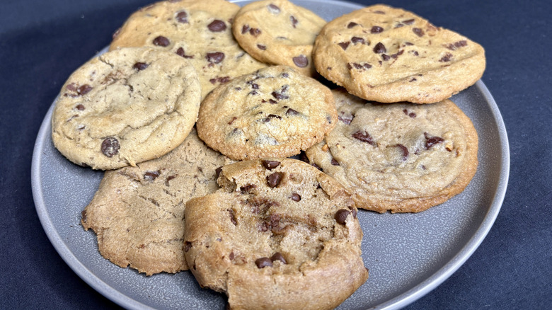 A plate of chocolate chip cookies.