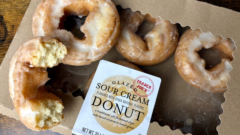 A box of Trader Joe's Glazed Sour Cream Donuts
