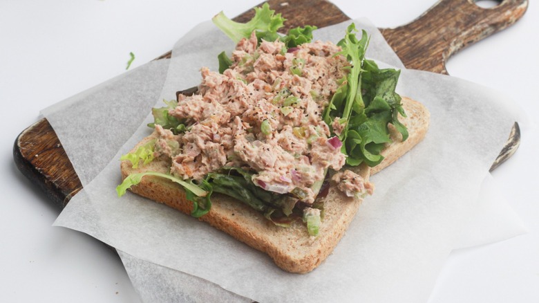 tuna sandwich on cutting board