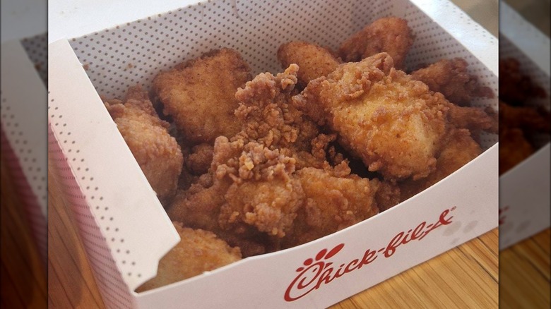Box of chicken nuggets on table at Chick-fil-A.