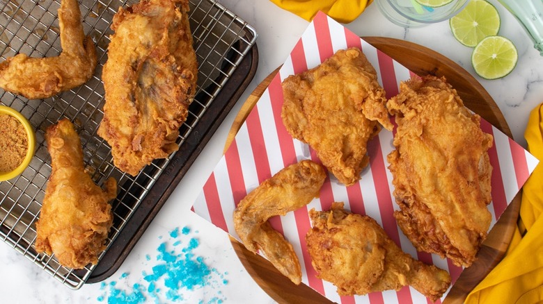 fried chicken on striped paper