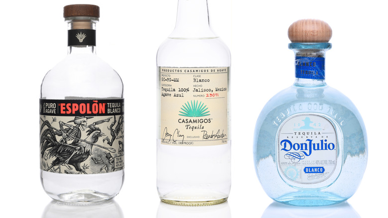 Three tequila bottles on white background.