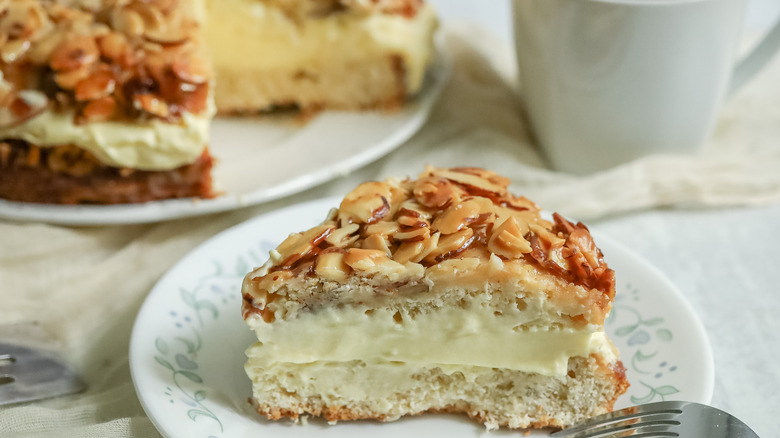 Bienenstich cake slice on plate