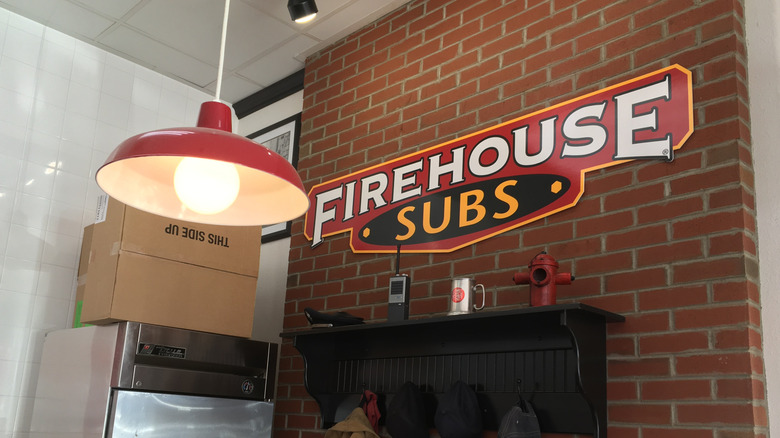 Faux-firehouse wall inside a Firehouse Subs