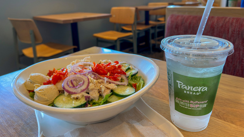 A salad and drink at Panera Bread