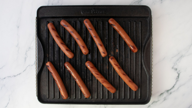 Grilled hot dogs on grill pan