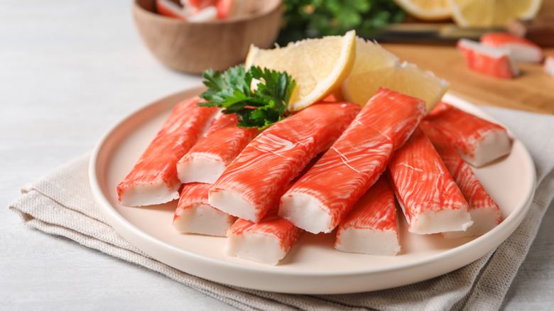 Imitation crab sticks on plate 