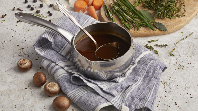 Saucepan with a thicker brown gravy or au jus