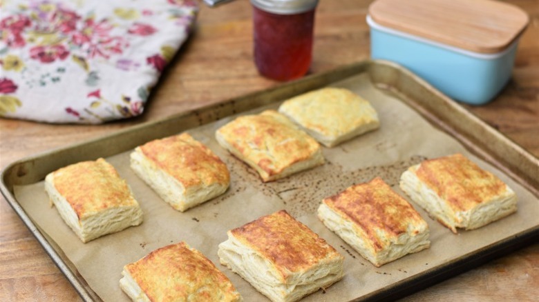 Buttermilk biscuits freshly baked on pan
