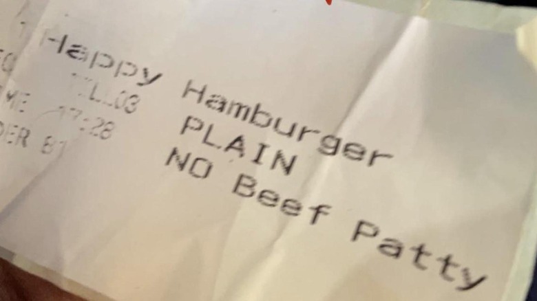 McDonald's receipt for a hamburger with no beef