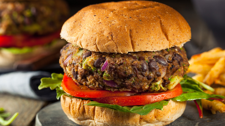 black bean burger with fries