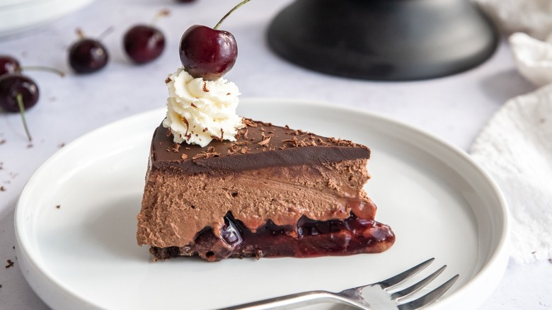 slice of black forest cheesecake
