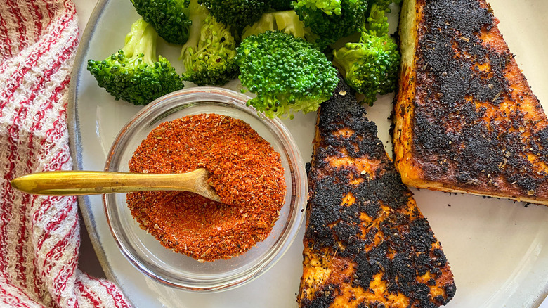 spices, broccoli, blackened tofu